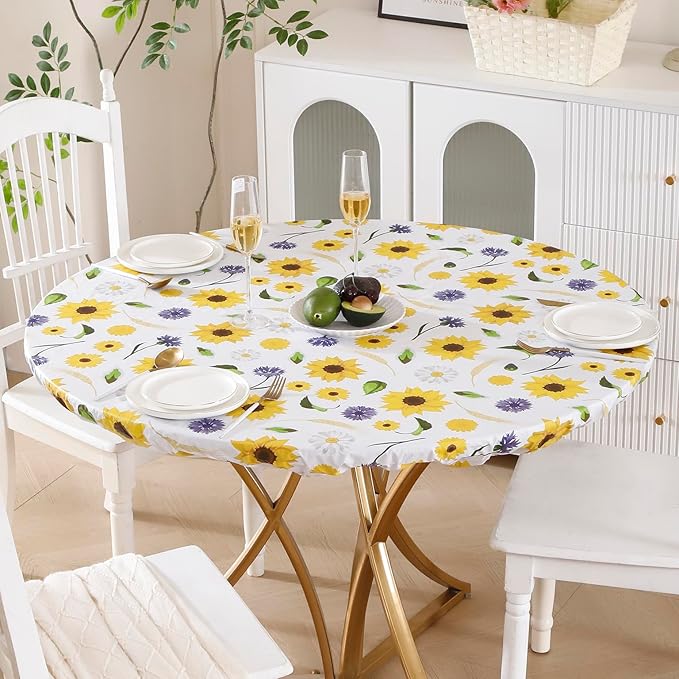 Walrus Round Vinyl Fitted Tablecloth with Flannel Backing Elastic Edge Design Table Cover Waterproof Oil-Proof PVC Table Cloth Stain-Resistant Best for 57"-66" Round
