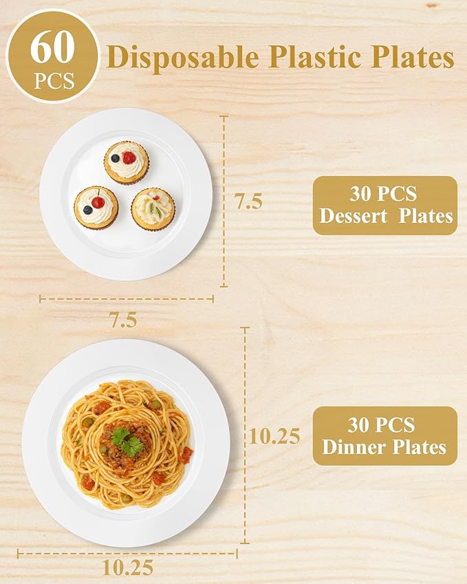 Quatish 60 Pcs White Disposable Plastic Plates for Party,Wedding Plate Includes 30 Pes 10.25 Inch 30 Pes 7.5 Inch Heavy Duty Dinner & Dessert Plates, Perfect for Festivals,Picnics