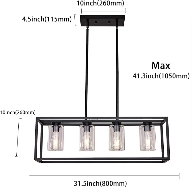 XILICON Black Dining Room Chandeliers Lighting Fixture Linear Pendant Modern 4-Light with Glass Shades Vintage Farmhouse Ceiling Light Hanging for Kitchen Island Cafe Bar