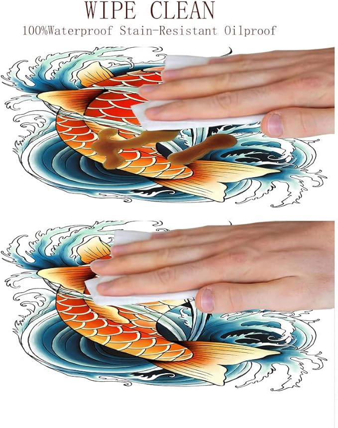 Round Edge Closing Tablecloth, Koi Fish Elastic Edged Tablecloth, Tattoo Style Japanese Wave, Fit Round Tables 39inch Diameter, for Restaurant Picnic Indoor and Outdoor Use, Multicolor