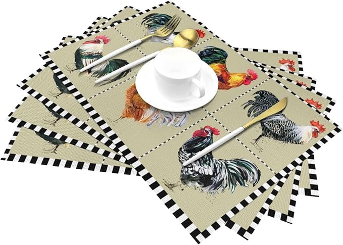 Farmhouse Rooster Placemats Set of 4 Washable Table Place Mats for Dining Kitchen Party Decor