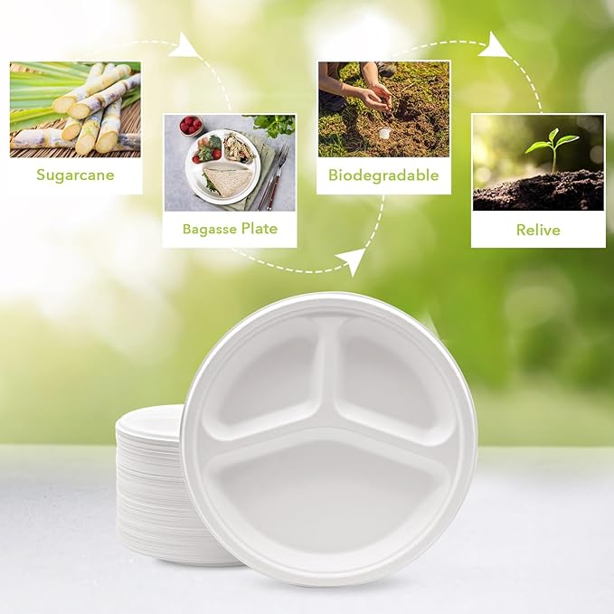 three leaf 9" 3 COMPARTMENT BAGASSE ROUND PLATE, 500 Ct. Heavy-Duty- Super Strong- Natural- Eco-Friendly Disposable Bagasse Plates, 100% Biodegradable 9 inch 3 compartment plates
