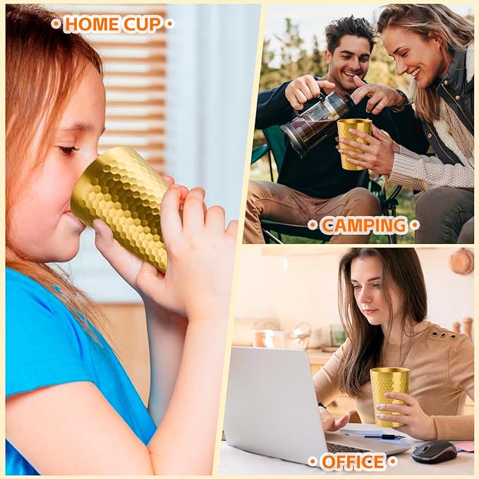 5 Pack 12 oz Stainless Steel Insulated Cup, Honeycomb Double Wall Vacuum Small Metal Cup, Reusable Camping Cups Unbreakable Indoor Outdoor for Party, Home, Office, BBQ, Gold