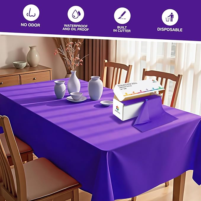 54 Inch X 200 Feet Plastic Table Cover Roll with Convenient Slide Cutter,Disposable Plastic Table Cloth Roll with Cut-to-Size Design for Weddings, Banquets, Parties (Purple)