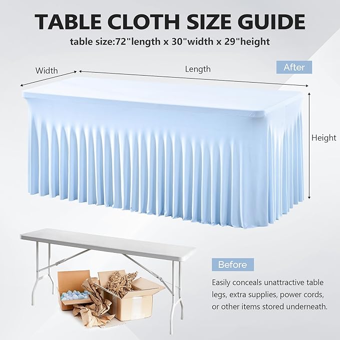 Wish Care 2 Pack Baby Blue Spandex Table Clothes for 6 Foot Rectangle Tables, 6FT Wrinkle Free Fitted Tablecloths Ruffles Design Table Cover for Party, Banquet, Wedding and Events