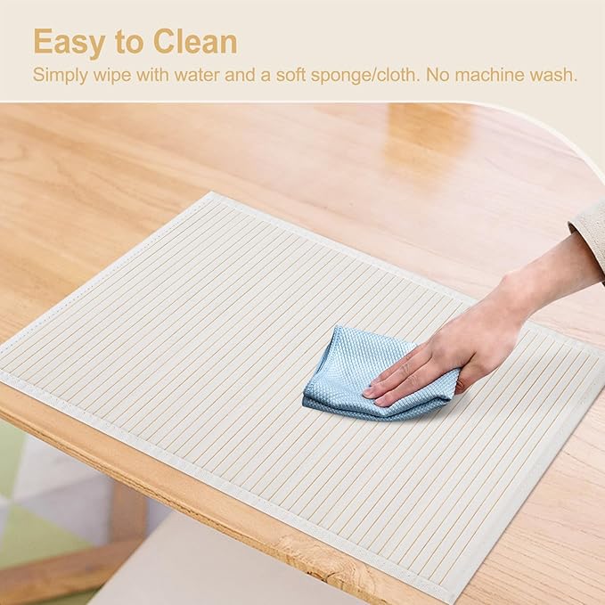 Bamboo Placemats with Fabric Border Set of 4 Natural Bamboo Rectangular Rolling Table Mats for Dining Kitchen Table Heat Resistant Table Protection White