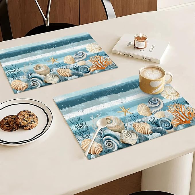 Ocean Seashell Placemats Set of 6, Beach Starfish Place Mats, Coastal Marine Life Waterproof Washable Table Mats for Home Party Indoor Kitchen Dining Table Decoration 12x18 Inch