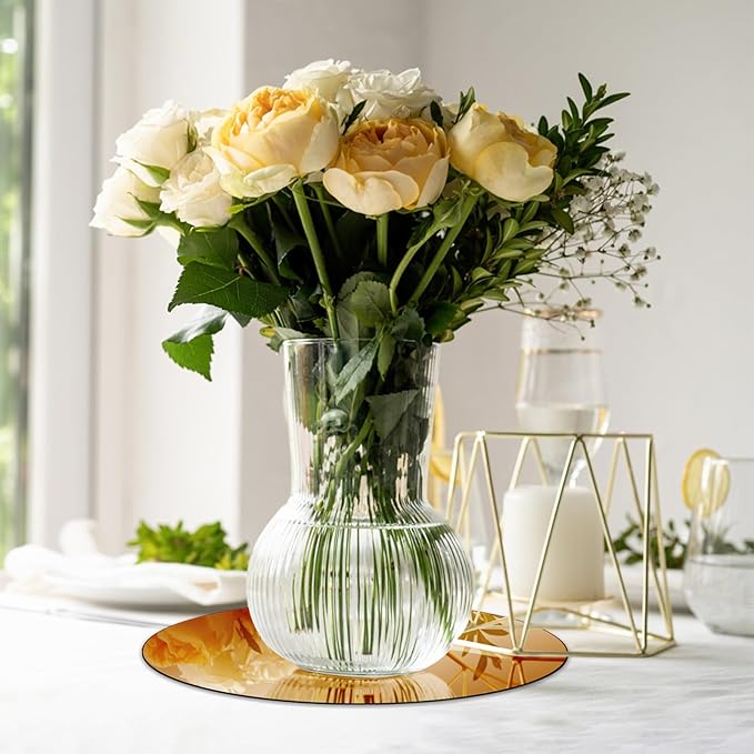VASUHOME 12" Gold Mirror Centerpieces for Tables, Round Mirror Plates Set for Candle, Wedding, Party Decorations, Circle Mirror Trays with Smooth Edge and Cushioned Feet, 2mm Thick