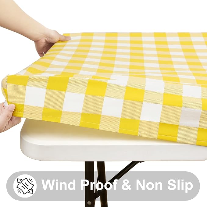 Smiry Rectangle Picnic Table Cloth, Elastic Waterproof Fitted Vinyl Tablecloths, Flannel Backed Buffalo Plaid Table Covers for Dining, Camping, Outdoor (White and Yellow, 36" x 72")