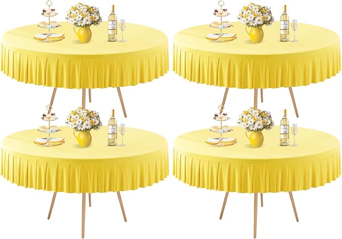 4 Pack Yellow Spandex Round Tablecloths for 72in Table, Stretchy Fitted 6FT Round Table Cloths, Wrinkle Free Table Cover with Skirt for Wedding Birthday Party Bridal Shower Banquet