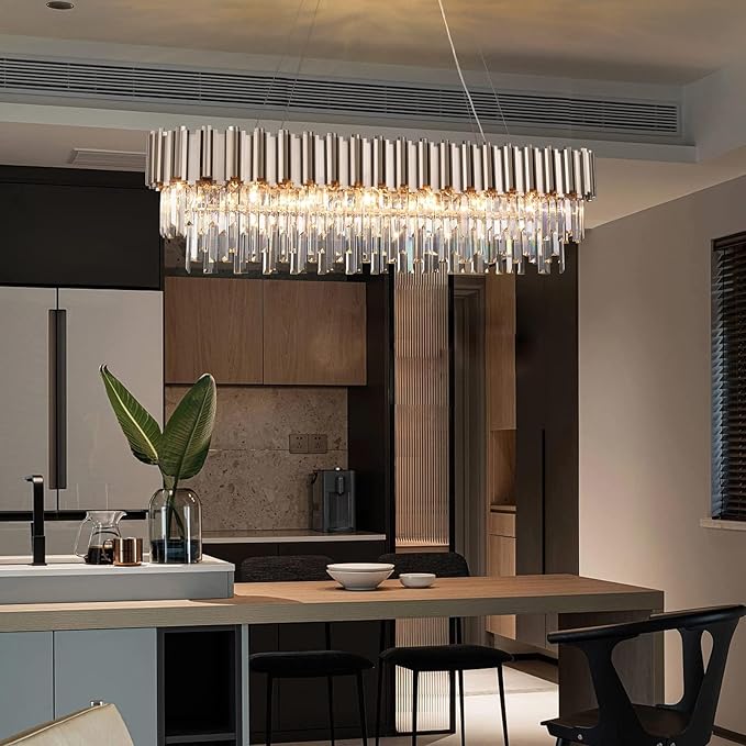 L51.2 Nickel Rectangle Crystal Chandelier for Dining Room Modern Luxury Light Fixture Linear Kitchen Island Contemporary Pendant Ceiling Light Oval Raindrop Chandelier Lighting 19-Light