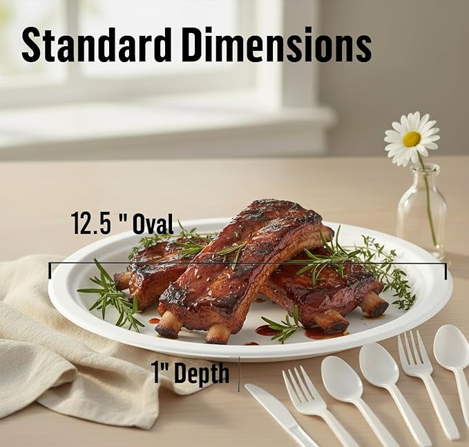 Compostable Heavy Duty Disposable Oval Paper Plates, 150 Count | 12.5 Inch | Natural Bagasse, Biodegradable Eco-Friendly Sugarcane BBQ, Party, Gathering, Picnic White Sugarcane Tray