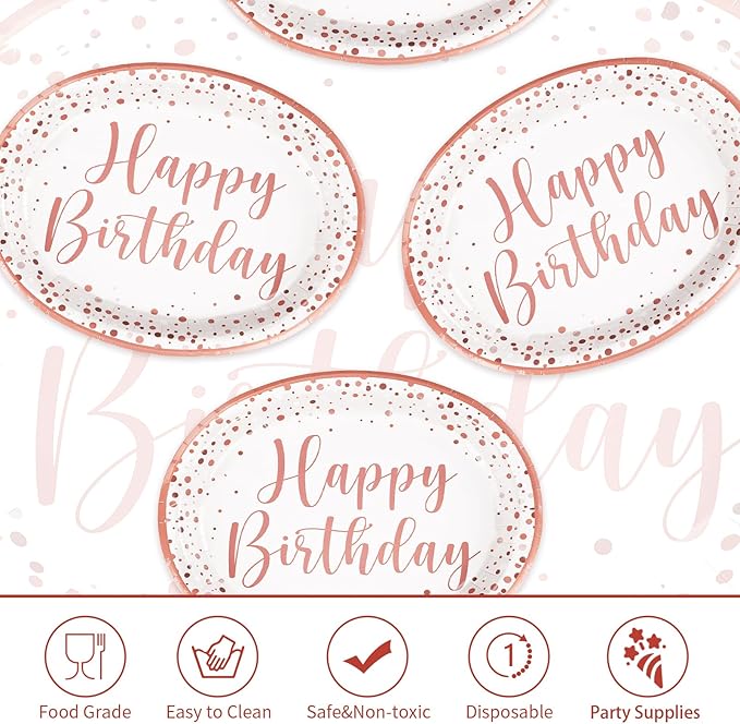 Grencian 50Pcs Pink Rose Gold Birthday Plates 10" x 12.5" Oval Paper Plates Disposable 400GSM Oval Paper Tableware Pink Dots Dinnerware for Girls Women Rose Gold Birthday Party Decorations