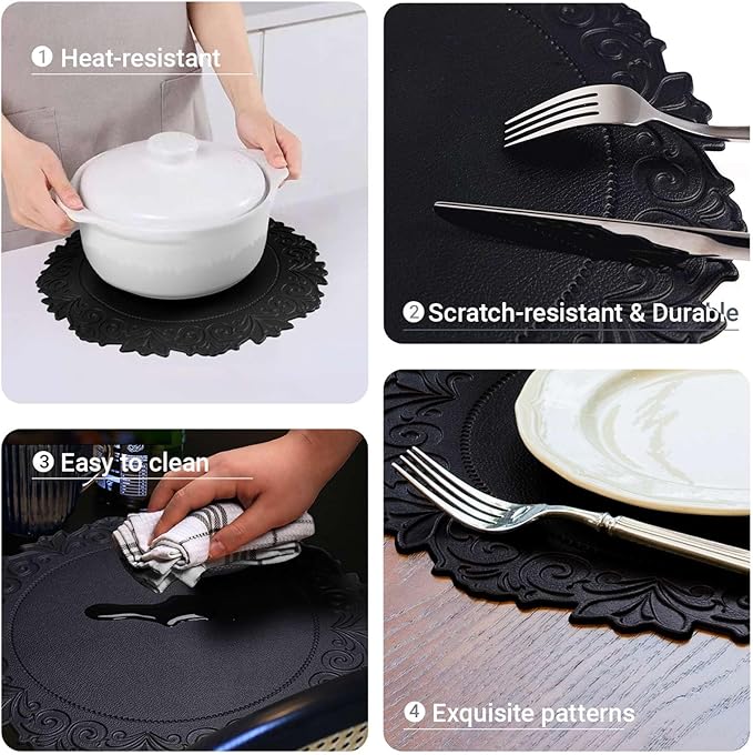 Noctiflorous Round Faux Leather 15 Inch Placemats Set of 6 Waterproof Wipeable Heat Resistant Tablemat for Dining Table Kitchen Non Slip Washable Oilproof Table Place Mat for Indoor Outdoor(Black, 6)