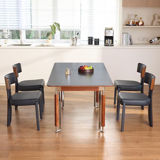 Black Dining Chairs Set of 4,Faux Leather Dining Chairs with Soft Cushion,Comfortable Upholstered Armless Dining Room Chairs with Curved Plywood Back