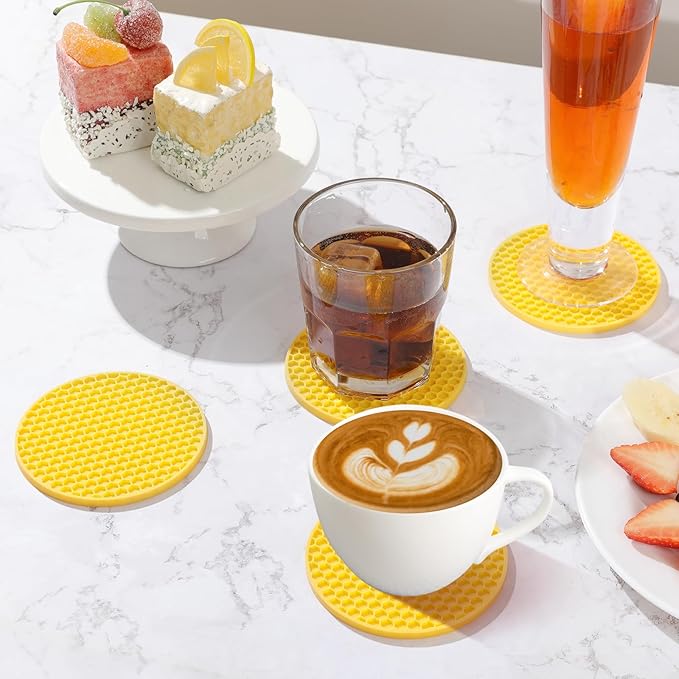 Silicone Coasters Set of 8 with Holder, Drinks Coasters, Beer & Coffee, Suitable for All Cups, Hot or Cold, Anti-Slip, Non-Stick, Anti-Overflow Tabletop Protection and Decor (8 Pcs, Yellow)