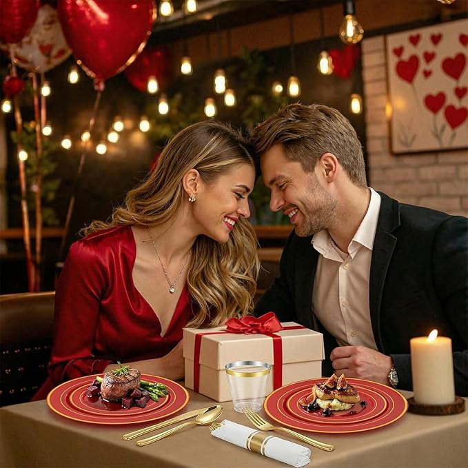 175 Pieces Red Plastic Plates with Gold Rim Include Dinner Plate 10”, Dessert Plate 7”, gold Cups 9 OZ, Pre Rolled Napkins 25 of each type for Party Valentine's Day