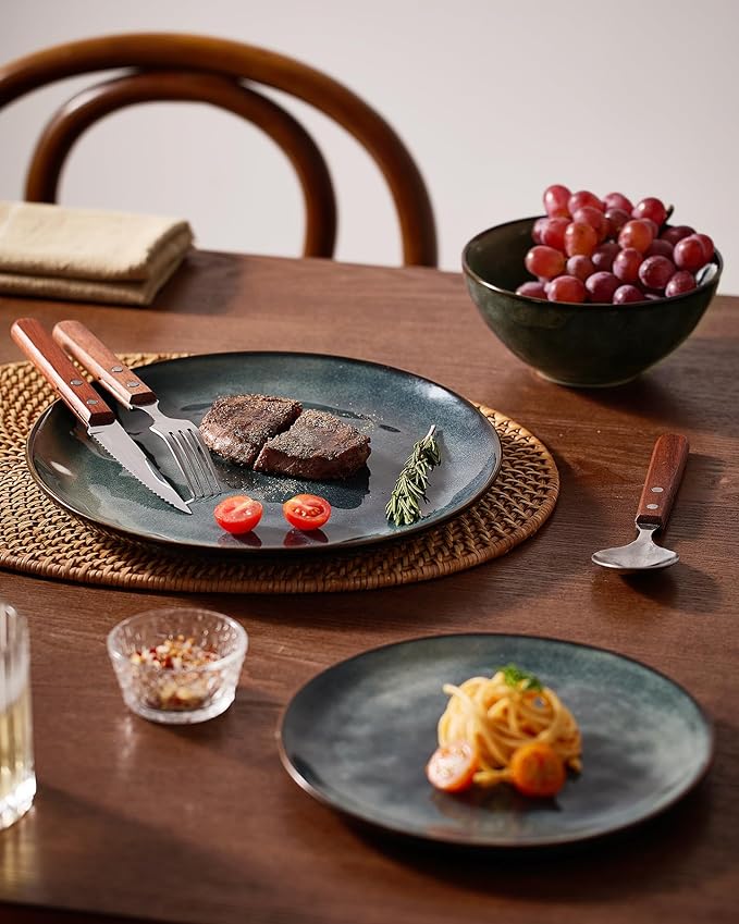 Famiware Dinnerware Sets for 8, Ocean Round 24-Piece Kitchen Plates and Bowls Sets, Microwave and Dishwasher Safe, Scratch Resistant, Deep Forest