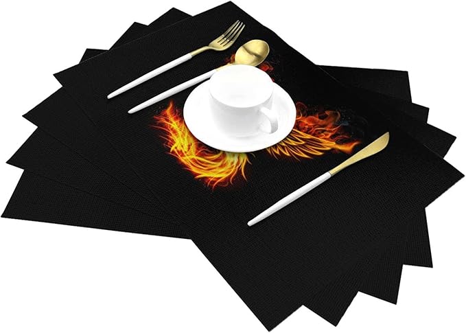 Fire Phoenix Placemats Set of 4, Black Gold Table Mats Heat Resistant Washable Placemat for Kitchen Dining Table Black Linen Placemats 12x18 Inch