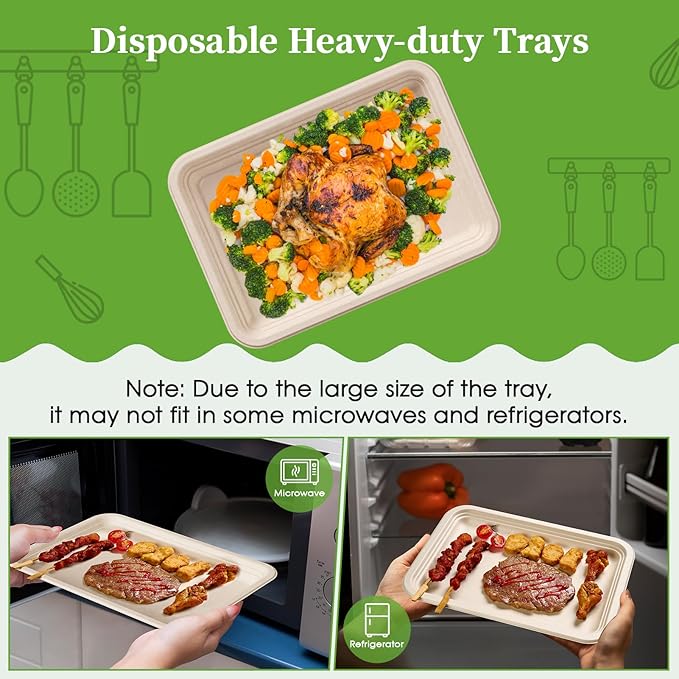 ECOLipak 100 Pack 14 Inch Disposable Food Crawfish Trays, Compostable Large Paper Plates, Disposable Thanksgiving Trays for Serving Food, Turkey, BBQ, Seafood Boil Party Supplies(Nature)