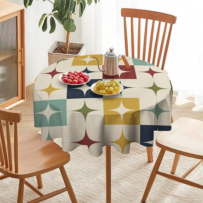 Middle Century Modern Round Tablecloth, Retro Mid Century Geometry Abstract Bohemia Tablecloth for Home Party Dining Room Kitchen Decor 36Inch(90cm)