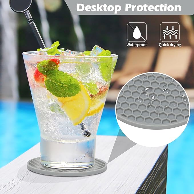 Coasters Set of 6,Coasters for Drinks,Coffee Table Decor Coaster with Holder,Suitable for Kinds Cup,Anti-SLI,Heat-Resisting,Silicone Cup Coaster and Living Room Decor(6 Pcs, Gray)