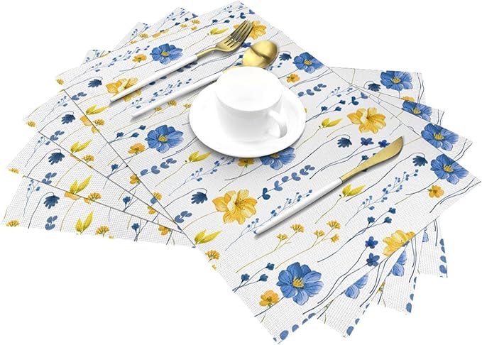 Navy Blue Yellow Flower Placemats Set of 4 12"x18", Watercolor Floral Decorative Table Mats for Kitchen Dining Table Spring Summer Place Mats Heat Resistant Washable
