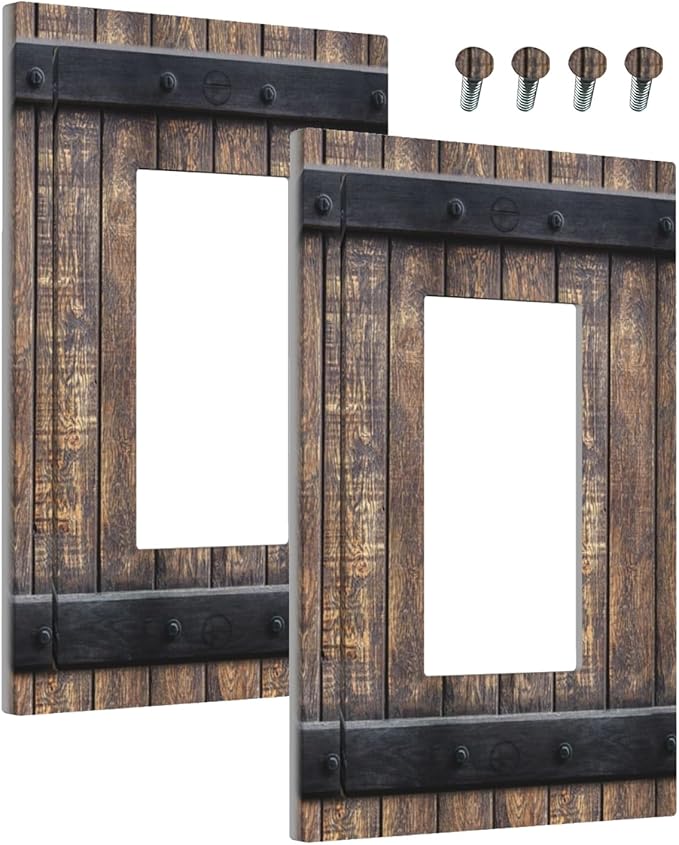 Outlet Covers Rustic Barn Door Vintage Country Wood Board 1 Gang Wall Plate Single Rocker Light Switch Cover Decorative GFCI Receptacle Electrical Switchplate for Farmhouse Cabin Decor（2 Pack）