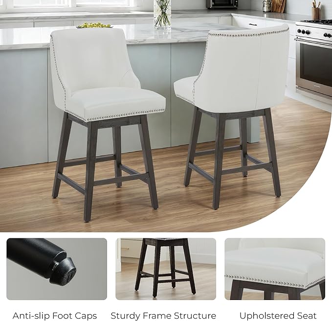 CHITA Counter Height Swivel Bar Stools Set of 4, FSC Certified Upholstered Counter Stools, Modern Swivel Barstools with Wood Legs for Kitchen Island, 26" Seat Height, Faux Leather in White