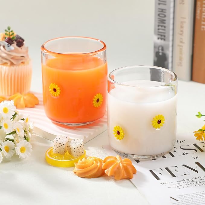 Icon Juice Glasses, 14oz Stemless Wine Drinking Juice Glass Cup for Valentine Party Supplies Gift(2 Pcs,Sunflower)