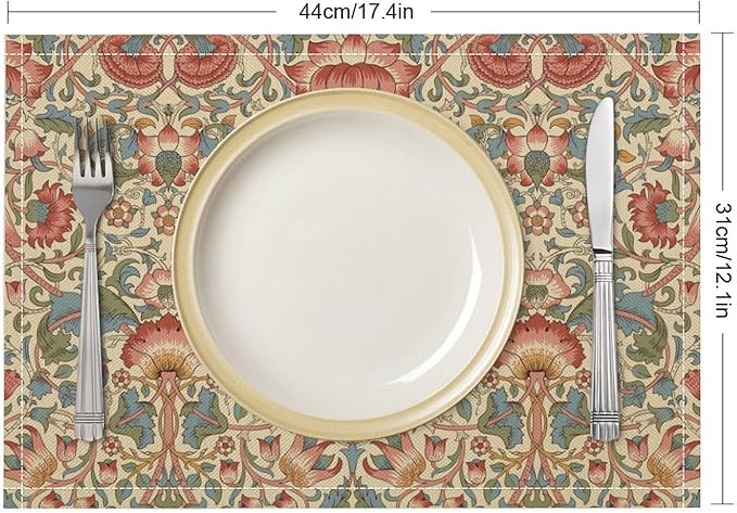 William Morris Placemat Set, Beige Blue Pink Retro Rustic Art Exotic Ethnic Lotus Floral Seamless Pattern Home Decor Linen Table Mats for Dining Room Kitchen Party (17x12in) x2P