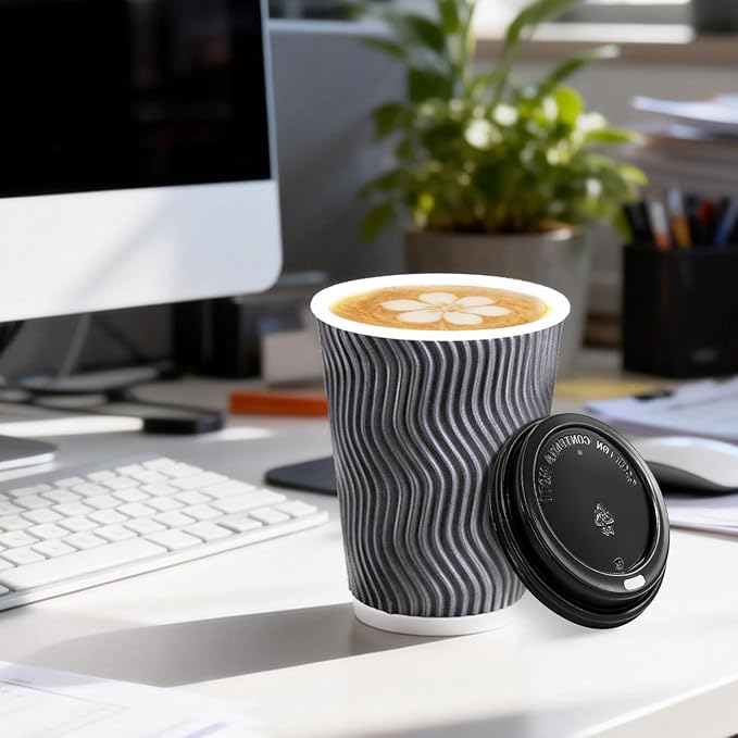 100 Pack 10 oz Coffee Cups with Lids, Disposable Insulated Hot Cups To Go Paper Coffee Cups, Corrugated Ripple Wall Cup for Hot Drink, Office, Coffee Bar (Grey 10 oz)