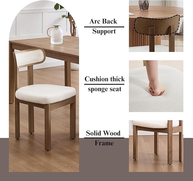 Beige Dining Chairs Set of 2, Mid Century Modern Linen Dining Room Chairs with Curved Back, Armless Kitchen Chairs for Living Room/Restaurant/Balcony/Bedroom/Home Desk/Task