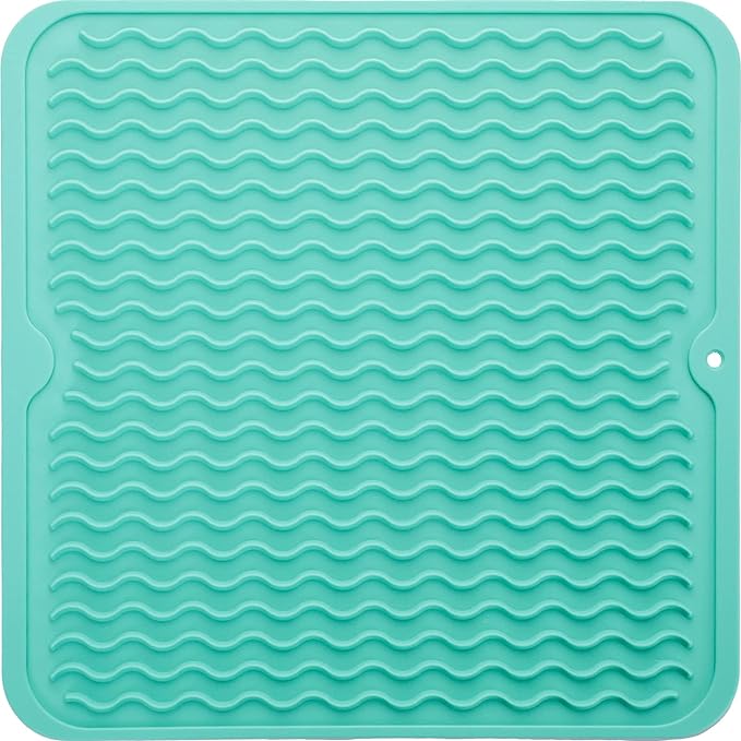 Silicone Dish Drying Mat for Multiple Usage,Easy clean,Eco-friendly,Heat-resistant Silicone Mat for Kitchen Counter or Sink,Refrigerator or Drawer liner Mint M 12 inches x 12 inches