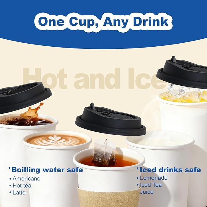 12 oz 100 Pack Coffee Cups with Lids and Sleeves, Straws, Hot Disposable To Go Travel Paper Cups Bulk for Office, Home Coffee Bar Accessories, Chocolate, Cocoa, Beverage (White)