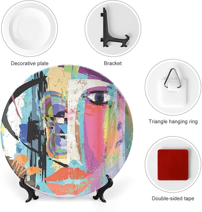Decorative Plates, Abstract Print Ornament, Woman Face Art Paint Strokes and Splashes Eye Red Lips Grungy, 8 Inch, Kitchen Wall Decor, Multicolor