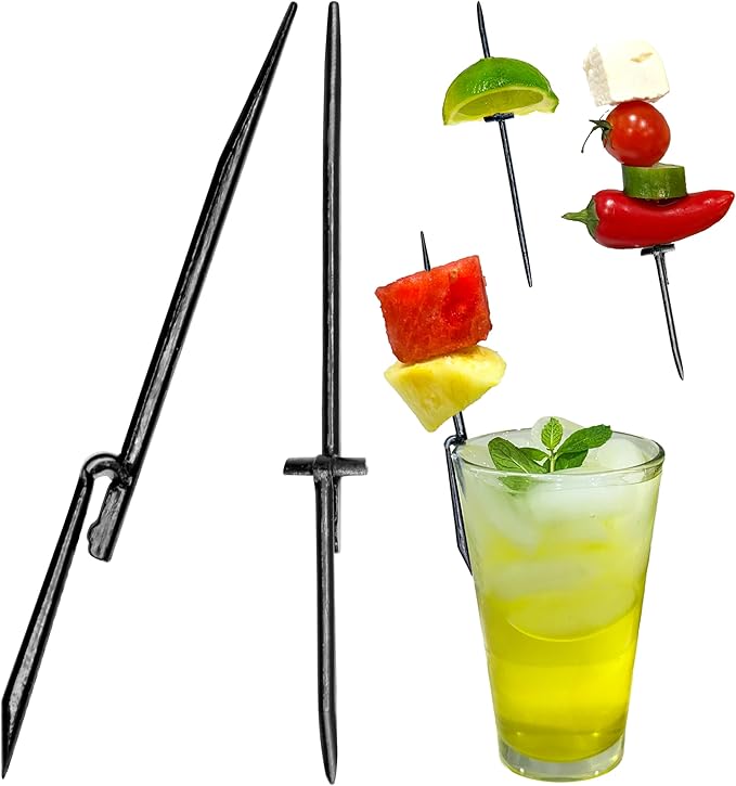 Garnishmate PACK OF 100 Clip On Garnish Holder Pick Cocktail Accessory for Entertaining Drinks and Charcuterie Boards for Home Bar Cart or Bartender Kit for Cocktails Accessories w/Rounded Tip, Black