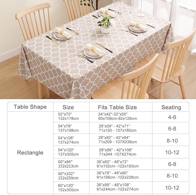 Smiry Rectangle Table Cloth, Wipeable Spillproof Plastic Tablecloths for Dining, Waterproof Vinyl Tablecloth with Flannel Backing for Rectangle Tables, Camping, Outdoor and Indoor (70"x120", Khaki)