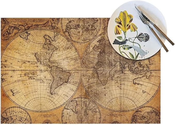 Vintage World Map Placemats Set of 6 Old Paper Retro Style Nostalgic Historical Wipeable Table Mats Reusable Washable PVC Rectangle Place Mats for Kitchen Dining Home Decor 12x18 Inches