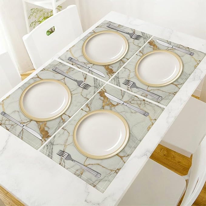 Marble Linen Placemats Set of 2, Modern Abstract Foil Texture White Gold Marble 12x17 Inch Washable Table Mats Non Slip Placemats for Wedding Party Kitchen Banquets Dining Decoration