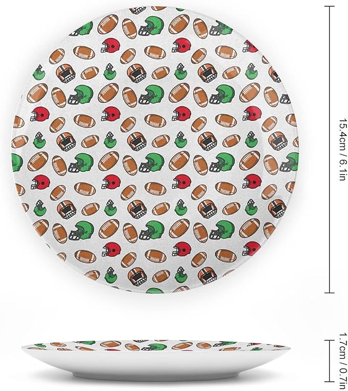 Ceramic Display Plate, American Football Ceramic Hanging Decorative Plate, Cartoon Style Rugby Icons Balls American, 6 Inch, Household Custom Ceramic Plate, Multicolor