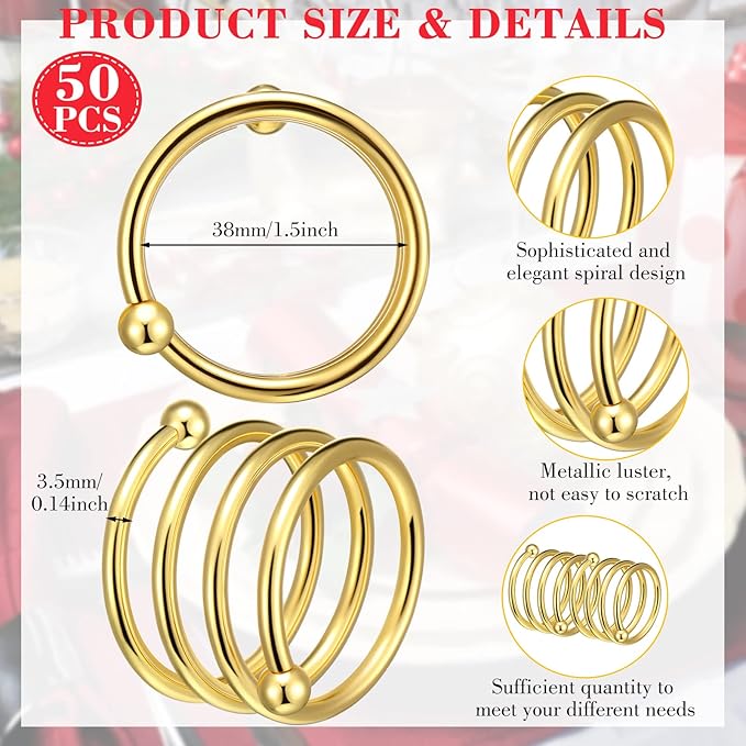Moxweyeni 50 Pcs Gold Napkin Rings Metal Spiral Napkin Rings Round Napkin Holders Buckles DIY Cloth Napkin Holder for Christmas Thanksgiving Wedding Receptions Banquet Tables Party Decor
