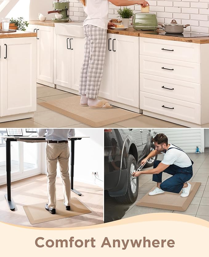 Ophanie Kitchen Mats for Floor, 3/4 inch Thick, 20x32 Anti Fatigue Christmas Cushioned Mat, Kitchen Rug, Waterproof, Comfort Ergonomic Standing Mat for Office, Home, Sink, Beige Non-Slip Ridged Bottom