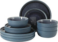 Gibson Elite Tahoe Sunset 12-Piece Reactive Stoneware Dinnerware Set – Matte Exterior & Shiny Interior Plates and Bowls, Durable Everyday Dish Set, Microwave & Dishwasher Safe - Blue