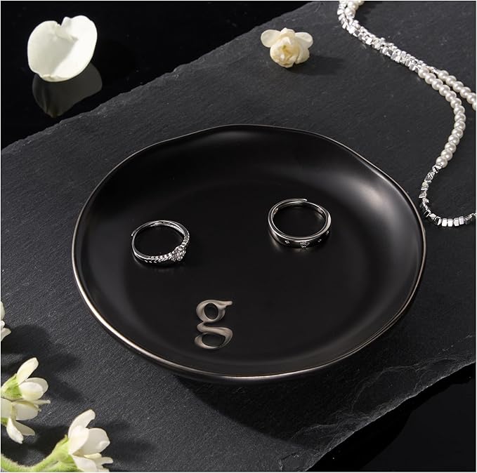 Lolalet Handmade Ceramic Ring Dish Jewelry Tray Plate with Initial, Small Monogram Gift for Her Women Girls Mother, Hostess, Engagement, Bridal Shower, Maid of Honor, Bridesmaid, Birthday, Christmas