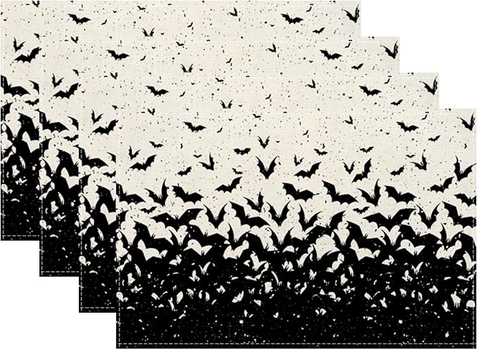 Halloween Placemats 12x18 Inches Set of 4,Black Bat Decorative Autumn Halloween Decoration Rectangle Black Linen Table Mats for Party Home Kitchen Dining Table Decoration