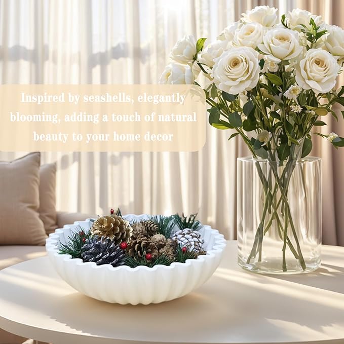 Decorative Bowl for Home Decor - White Large Decorative Fruit Bowls for Candy - Scalloped Ruffle Centerpiece key Bowl - Morden Round 10" Aesthetic Coffee Entry Table Decor With Wood Beads