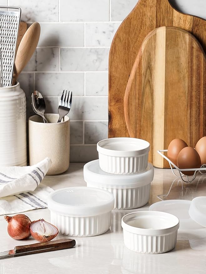 LE TAUCI Ramekins with Silicone Lids, 4 OZ Ceramic Soufflé Dishes, Ramekin Bowls for Crème Brûlée, Dessert, Dips, Oven & Microwave Safe, Set of 6, White