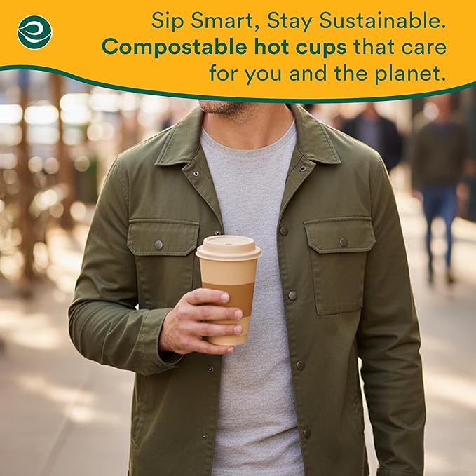 ECO SOUL 200 Pack 16 oz Disposable Coffee Cups with Lids & Sleeves Eco-Friendly, Biodegradable, Compostable, Leak-free & Sturdy To Go Hot Drink Cup for Tea, Chocolate Party Travel Cafe Office & Home