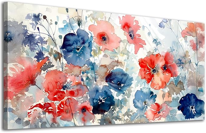 ADJUVANT Wall Art Watercolor Vibrant Floral 48"L x 24"W, Colorful Poppies With Soft Hues Canvas Painting Lively Blooms Artwork Delicate Tones Prints Wall Decor for Living Room Bedroom Bathroom Home Office